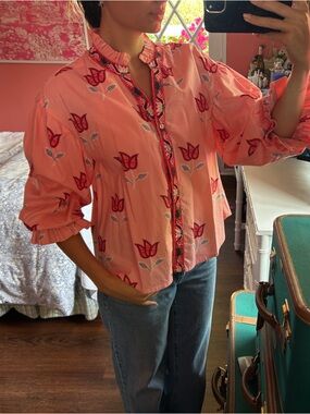 Pink Embroidered Puff-Sleeve Blouse